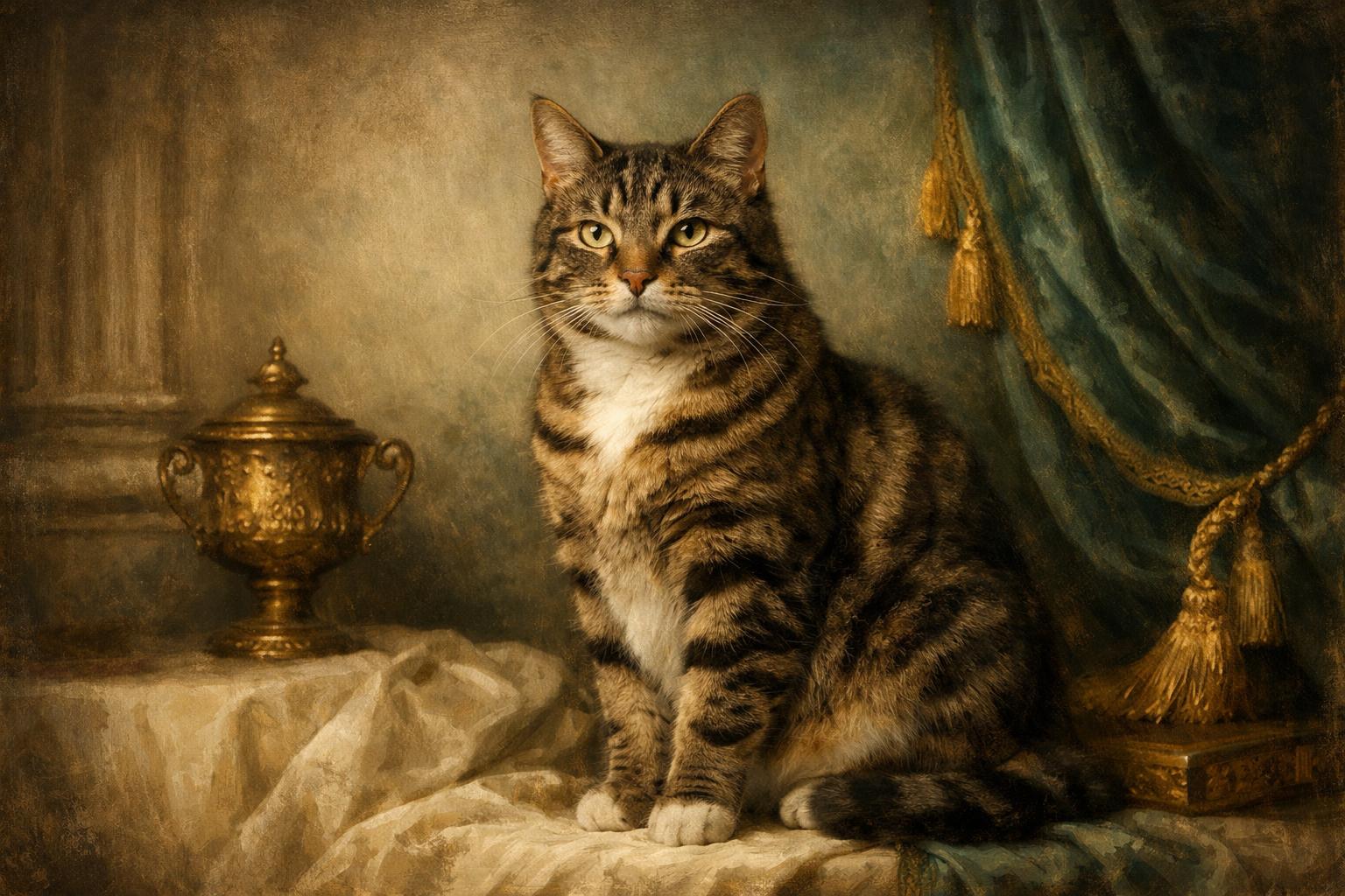 Gato atigrado en una composición elegante inspirada en retrato clásico